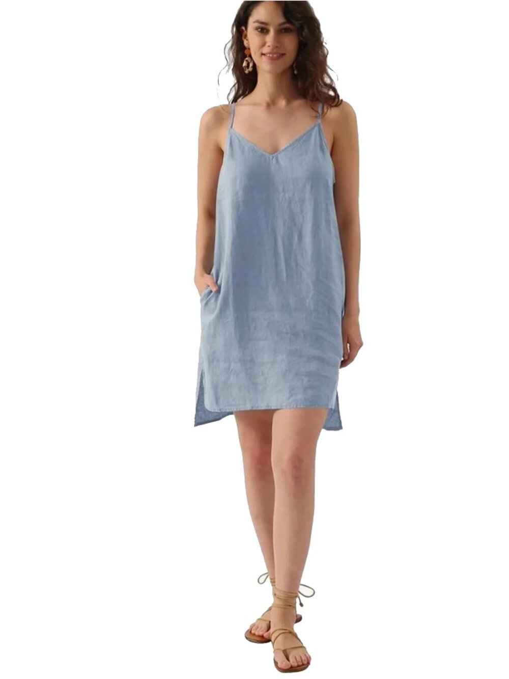 Amazhiyu 100% Linen Shift Slip Dress Tank Sky Blue Sleeveless Pockets